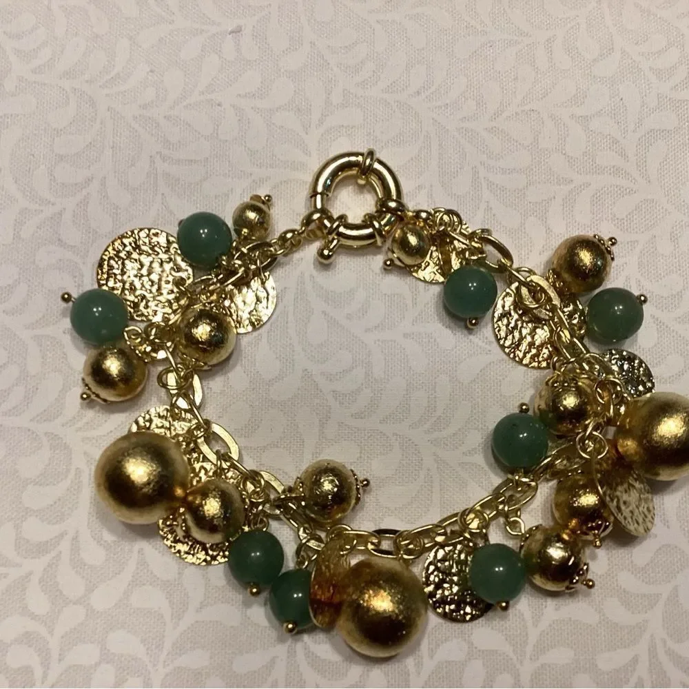 Goldtone Giant Spring Ring Gold and Green Charms Bracelet